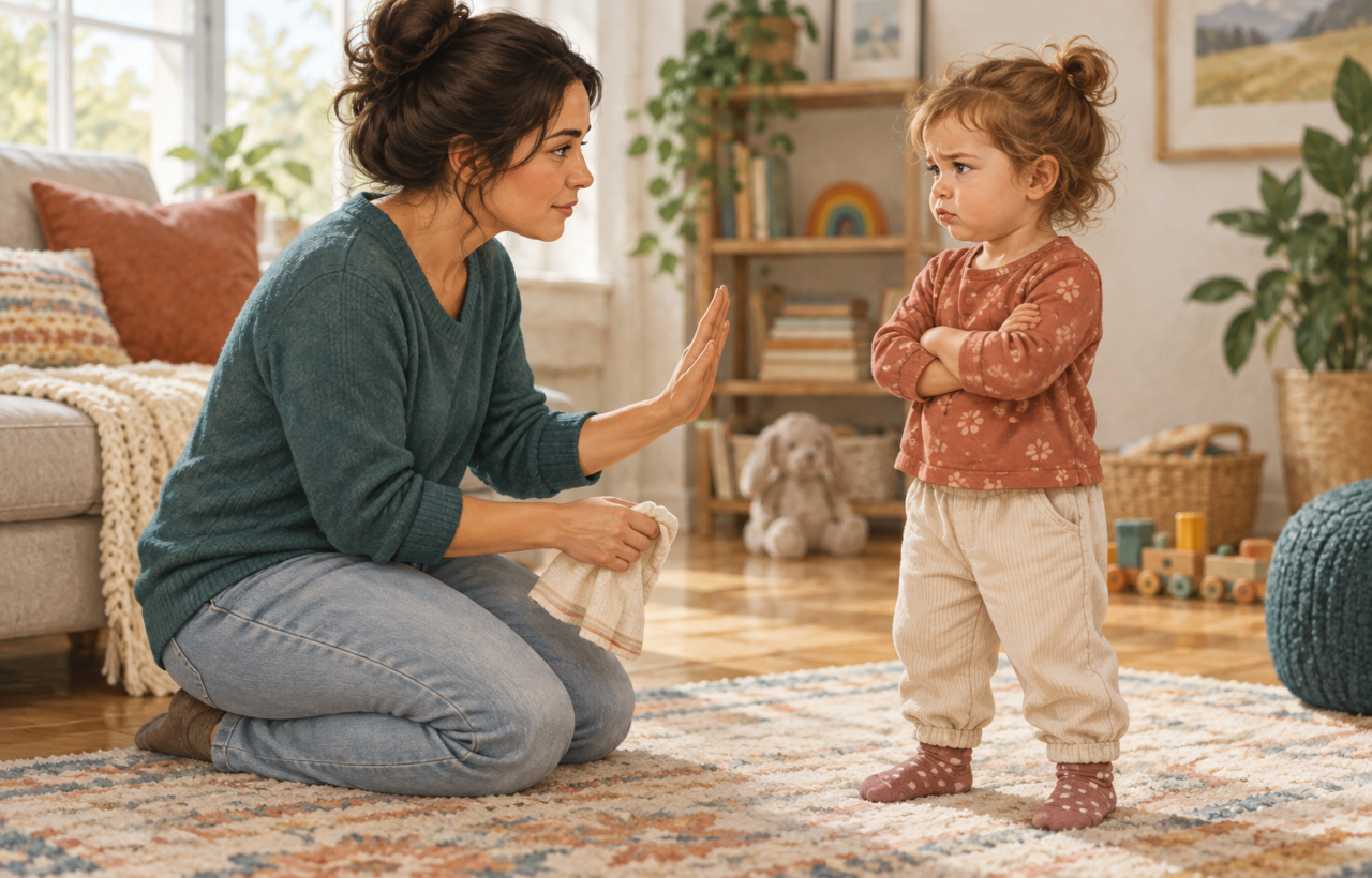 A calm caregiver kneels at eye level and signals a firm boundary to a frustrated toddler while holding a cloth.