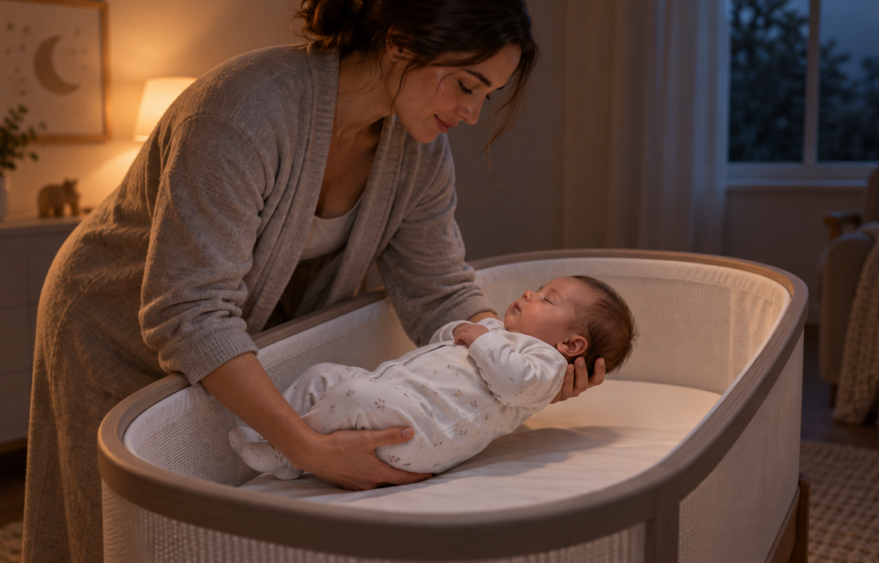 A parent carefully lowers a sleeping baby onto their back in an empty bassinet while supporting the baby's head and hips.