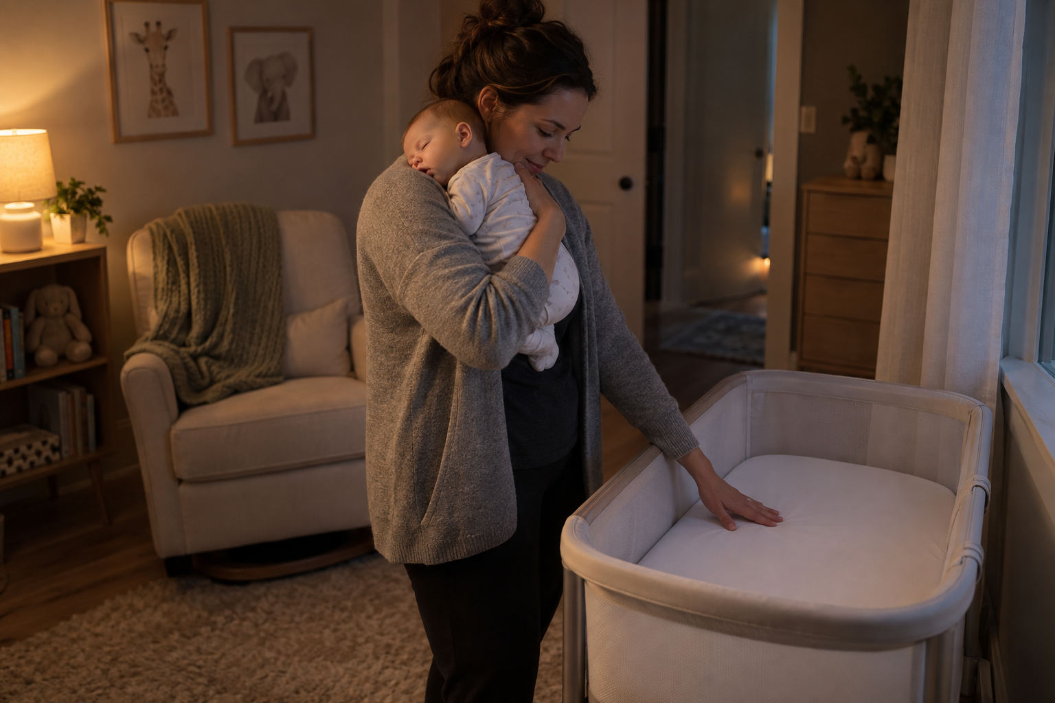 A caregiver holding a sleeping baby checks the smooth fitted sheet in an empty bedside bassinet before the transfer.
