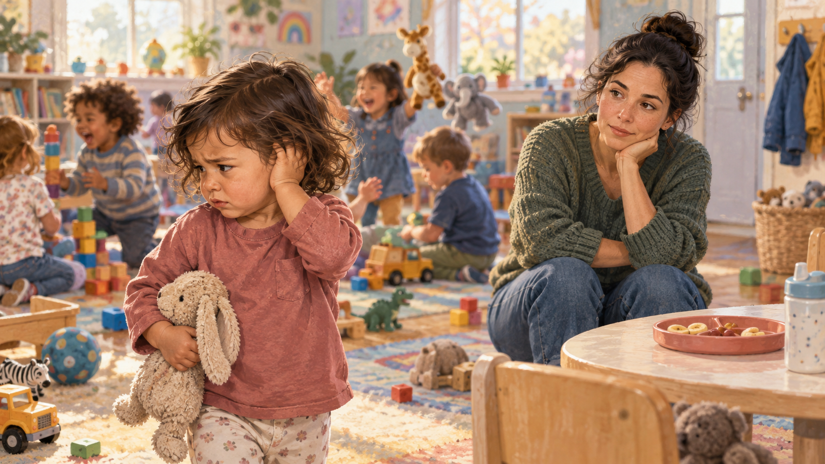 A caregiver observes an overwhelmed toddler turning away from a busy, crowded playroom.