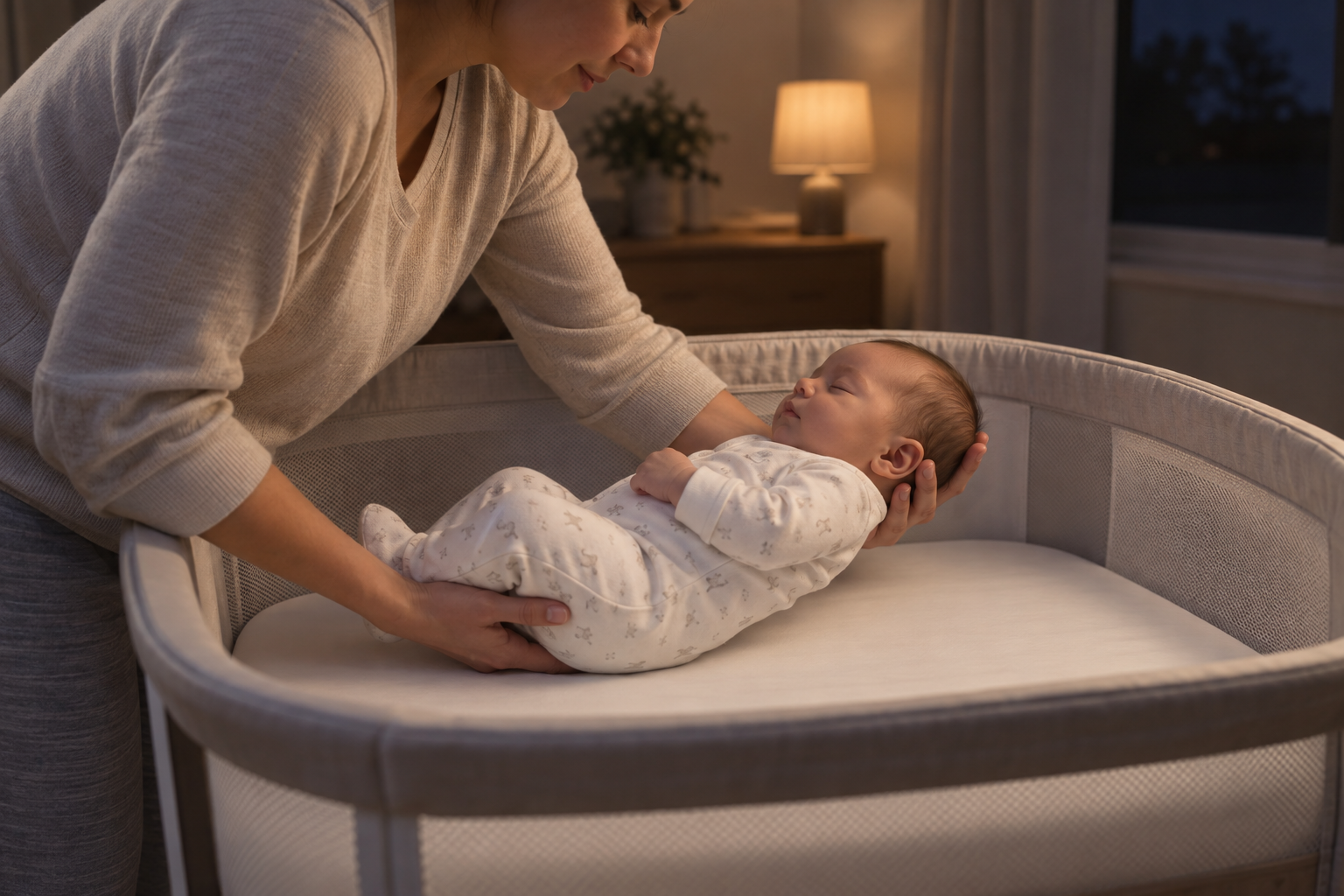 A caregiver keeps a sleeping baby close while lowering the baby's hips toward an empty bassinet and supporting the head and neck.