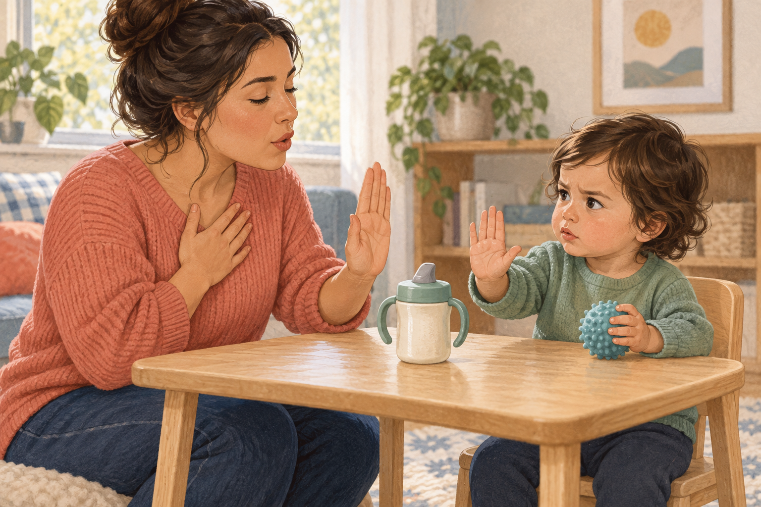 A caregiver at a child-size table models a stop gesture while a toddler copies it beside a water cup and sensory toy.