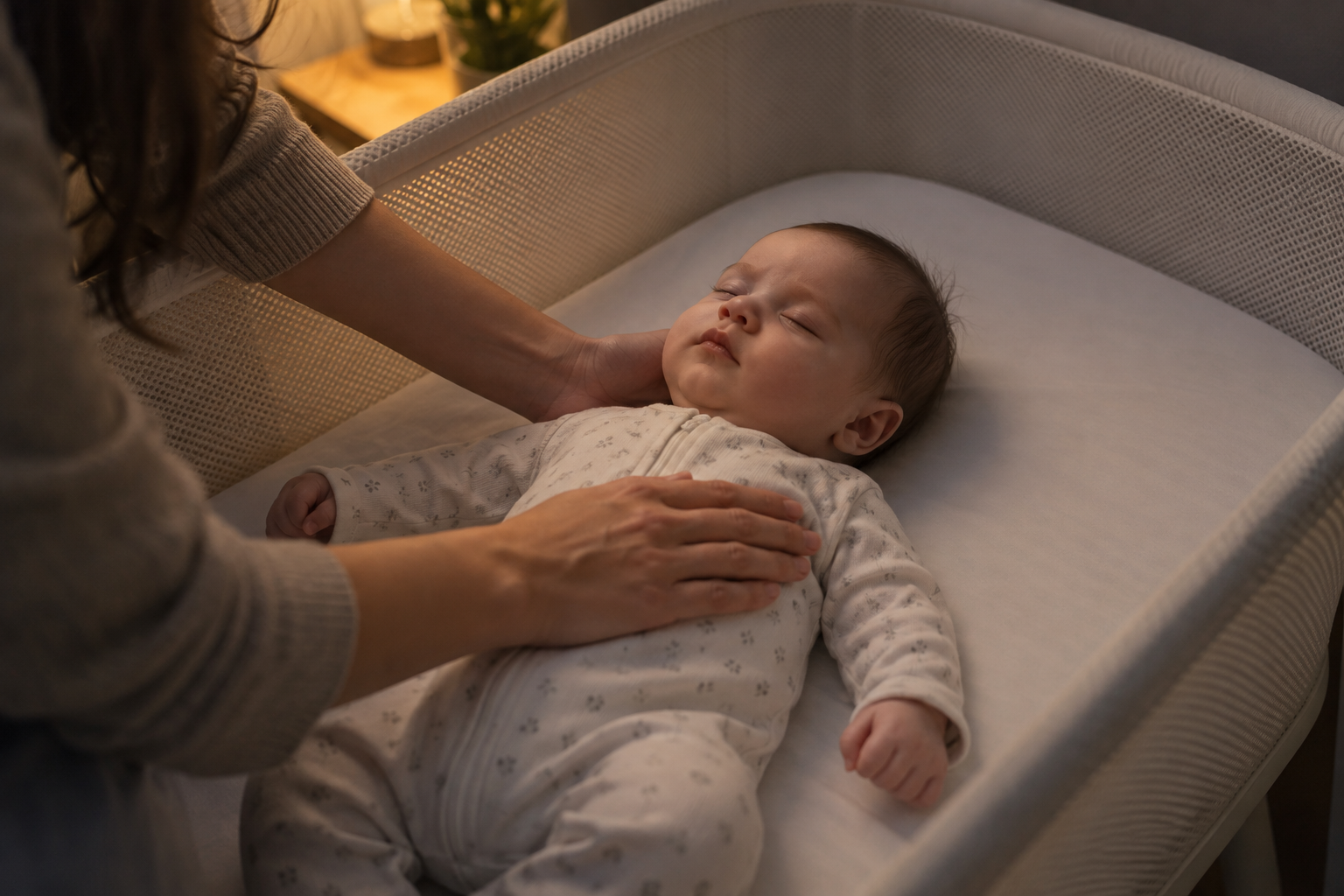 A caregiver maintains gentle contact with a stirring baby lying on their back while slowly removing the supporting hand from beneath the baby's head.
