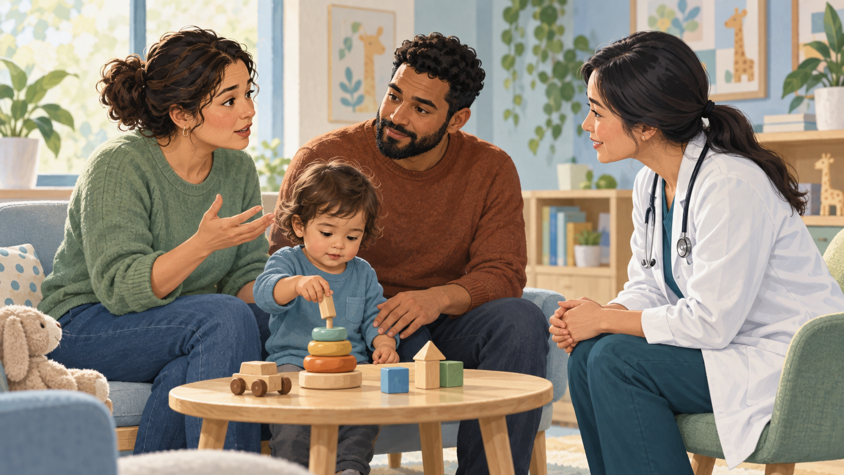 Two caregivers discuss their toddler's behavior with a clinician while the child plays in a welcoming consultation room.