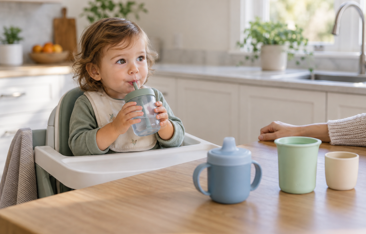A toddler drinks from a straw cup at a kitchen table, with a spout cup, rim cup, and open training cup nearby.