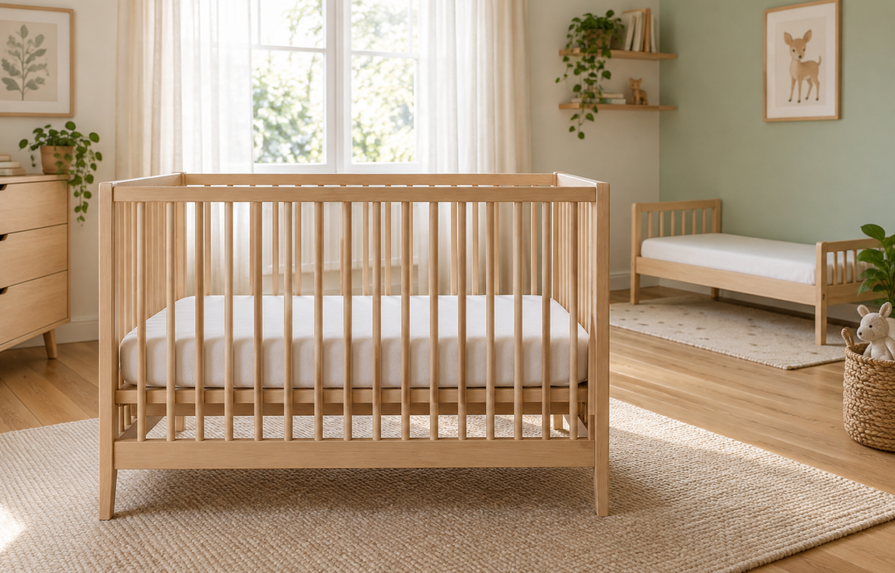 A nursery with an empty wooden crib holding a firm, flat fitted mattress and a small toddler bed in the background.