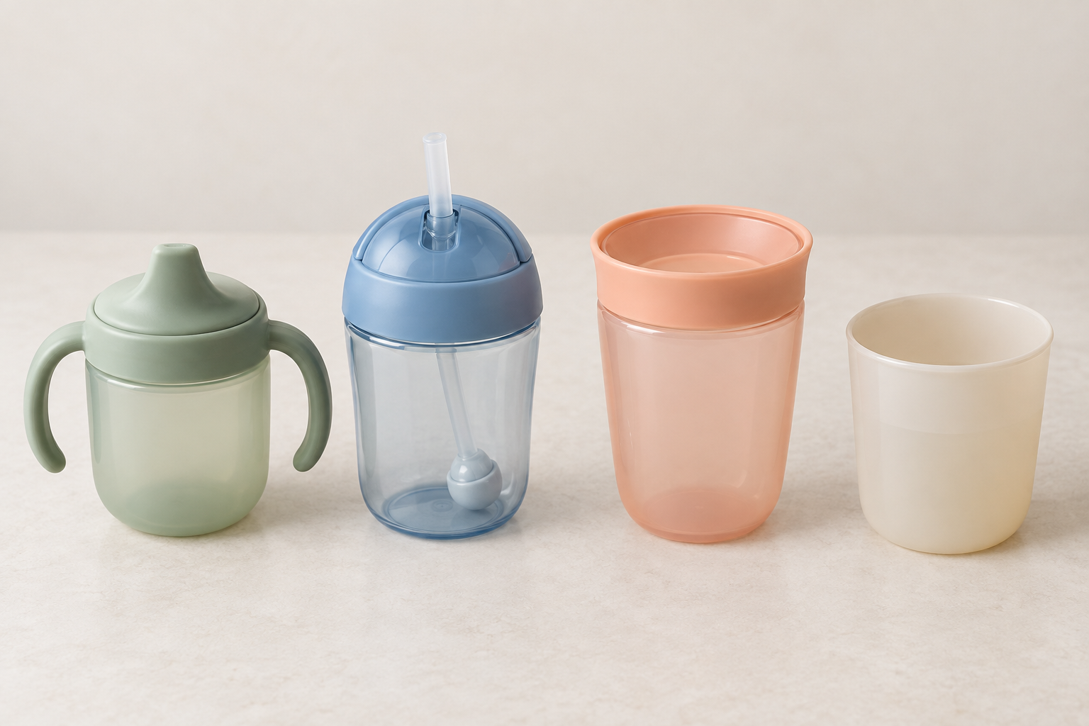 Four unbranded toddler drinking options arranged side by side: a spout cup, straw cup, 360-degree rim cup, and open cup.