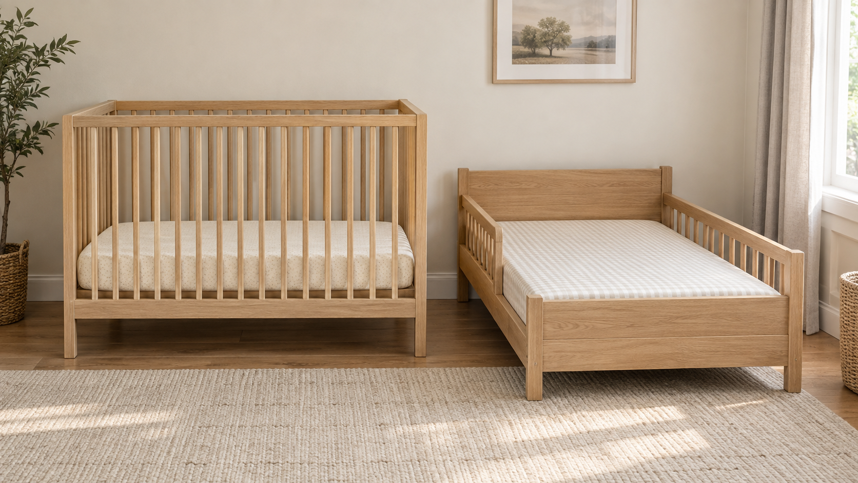 An empty crib and a low toddler bed shown side by side with mattresses fitted closely to their frames.