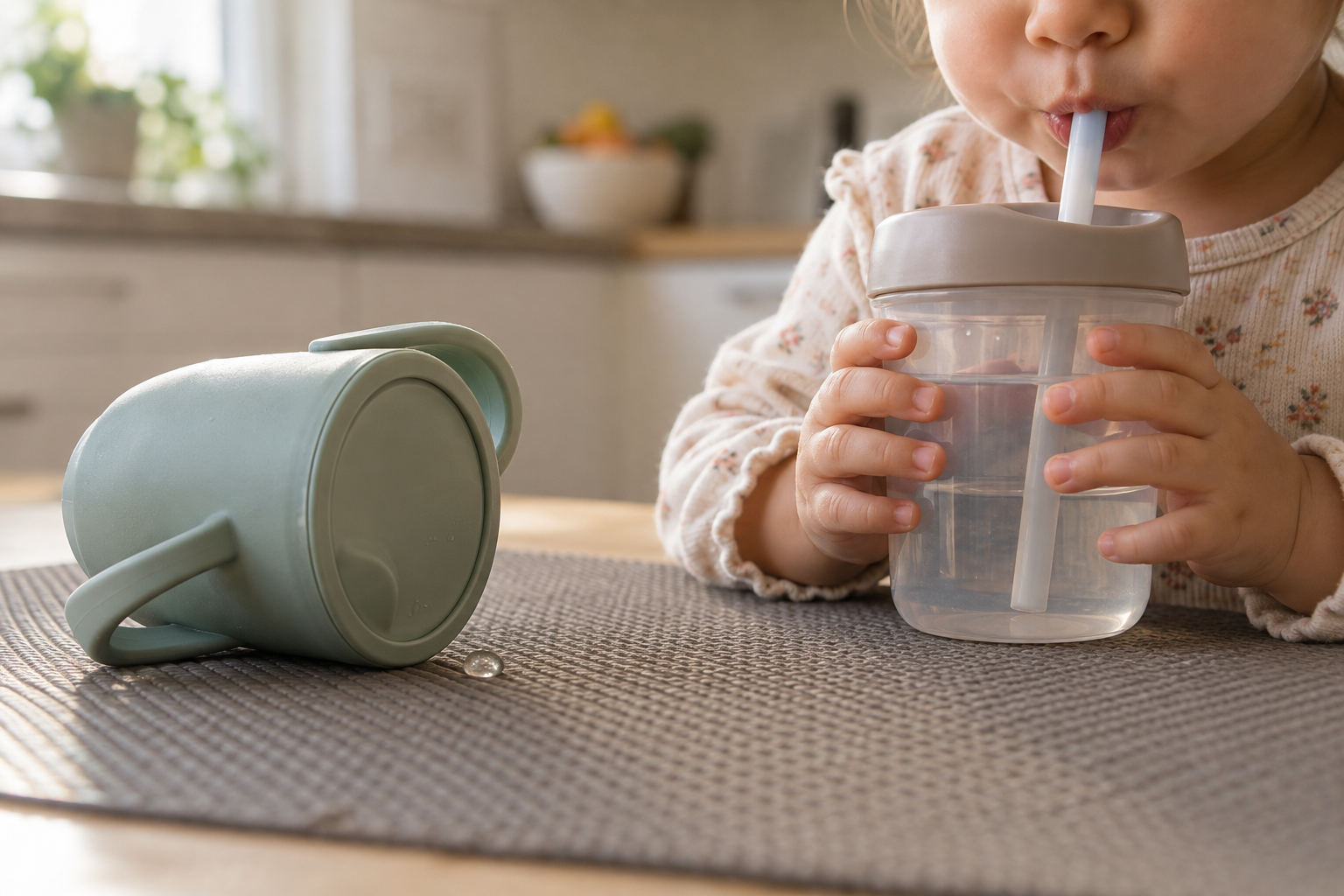A sealed toddler cup rests on its side while a child drinks from an upright straw cup beside it.
