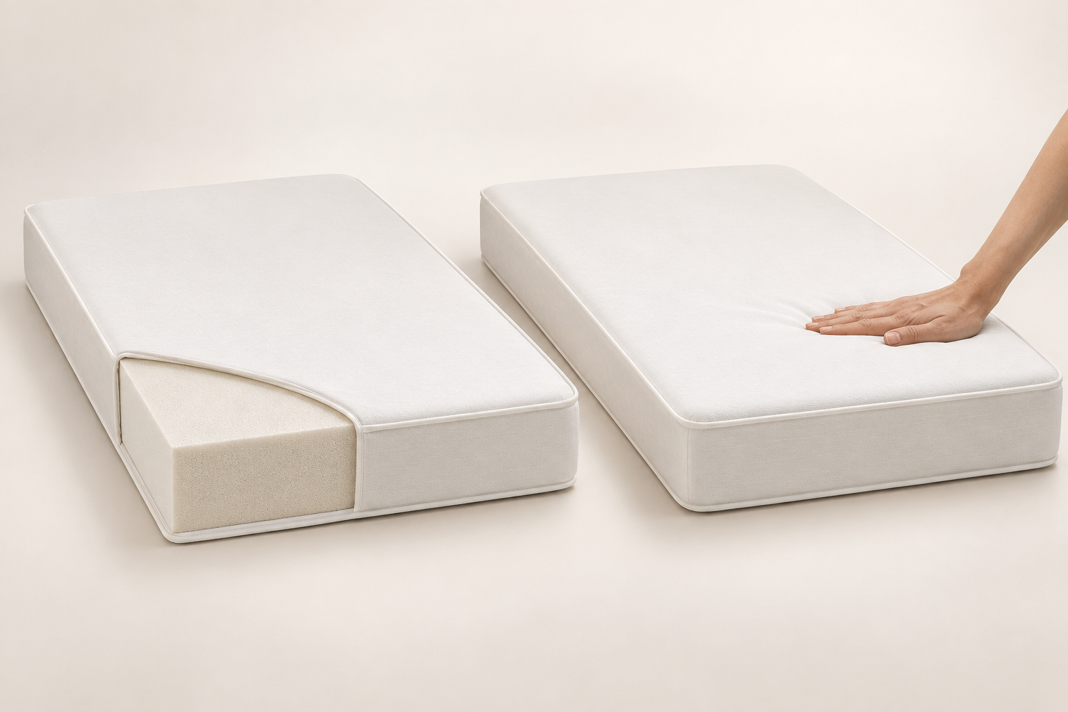 A hand presses lightly on a flat crib mattress beside a cutaway view of its dense support core and smooth cover.