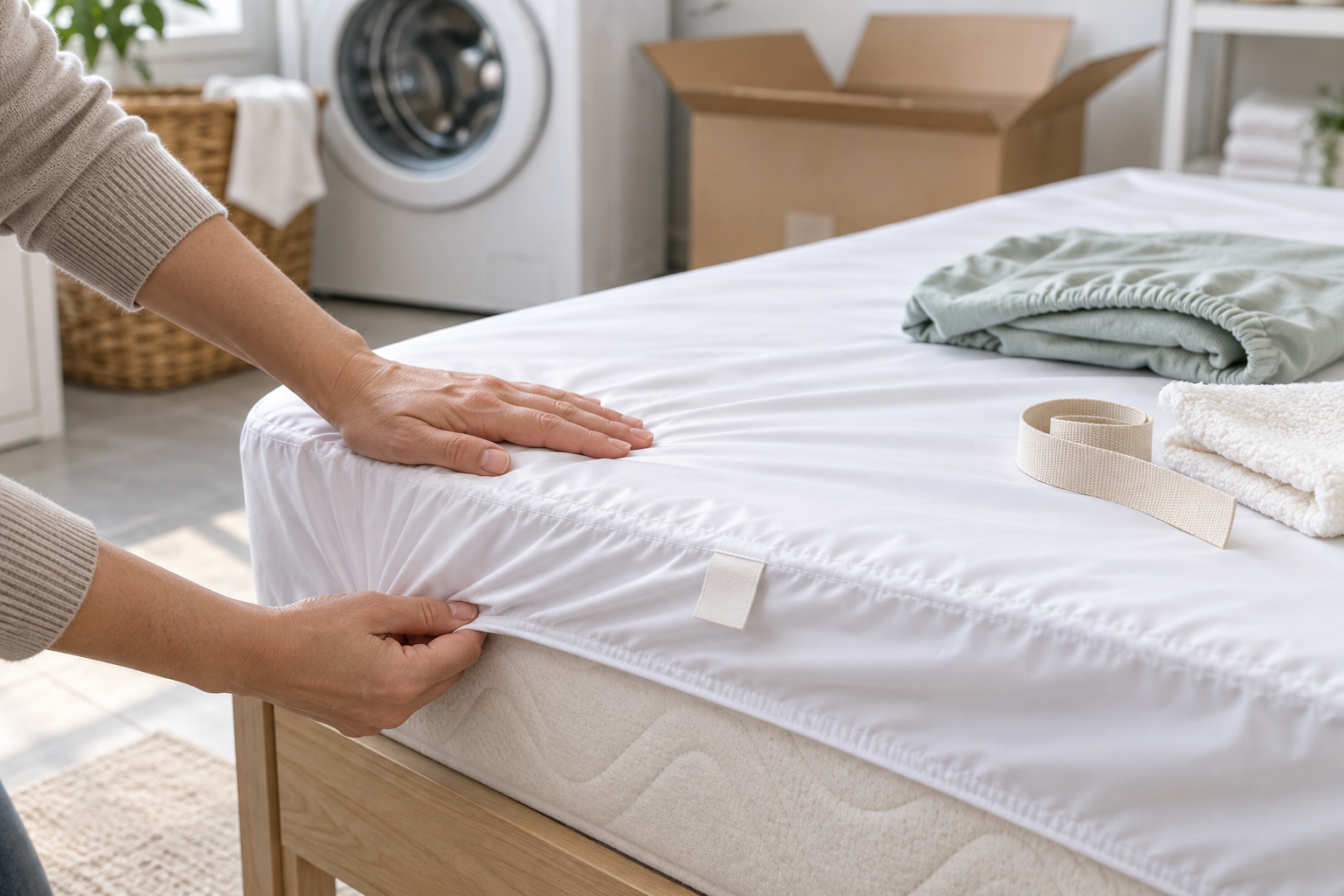 A caregiver fits a waterproof protector over a child's mattress, with a spare sheet, cleaning cloth, measuring tape, and plain shipping box nearby.