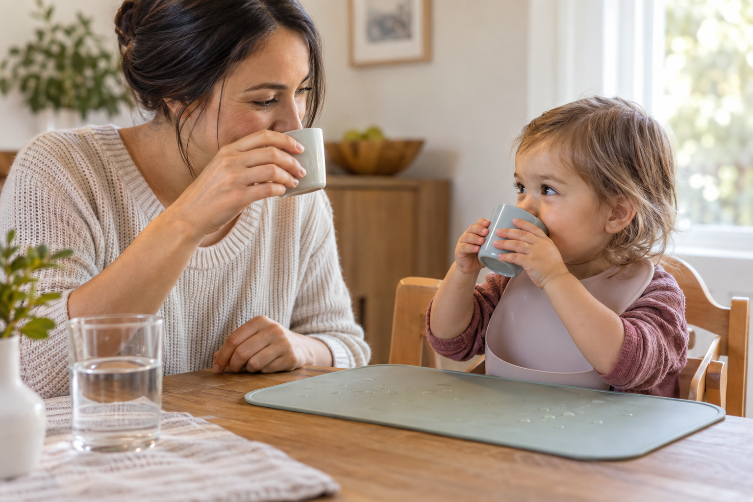 A caregiver demonstrates how to drink from an open cup while a seated toddler holds a small training cup with both hands.