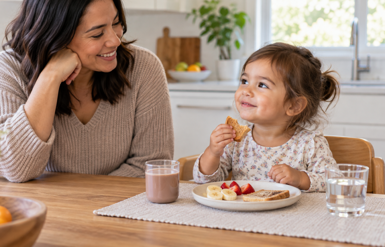 A toddler sits with a parent at a kitchen table with a small cup of chocolate milk, water, fruit, and toast.