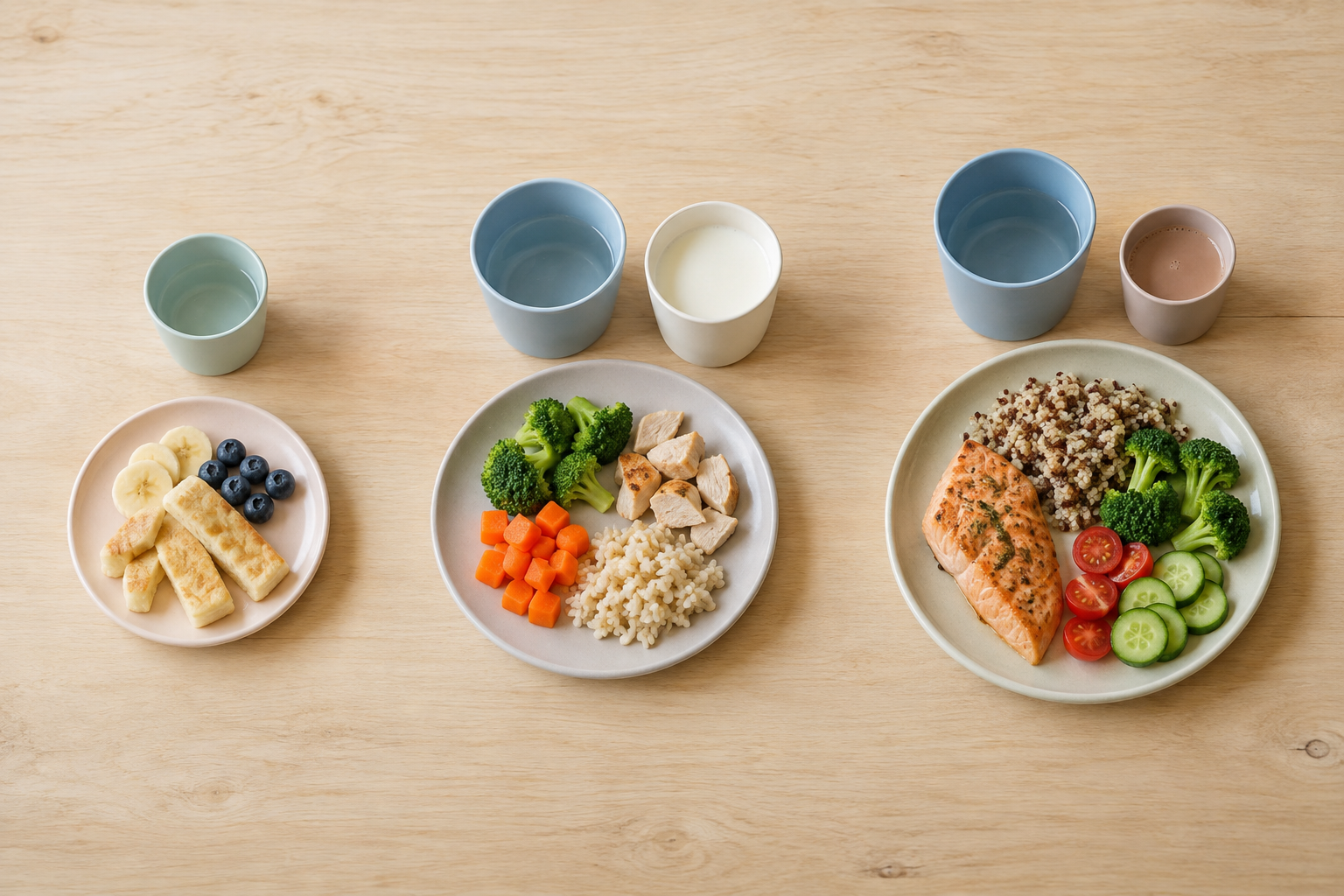 Three progressively larger child place settings show water, plain milk, and a small serving of chocolate milk with age-appropriate foods.