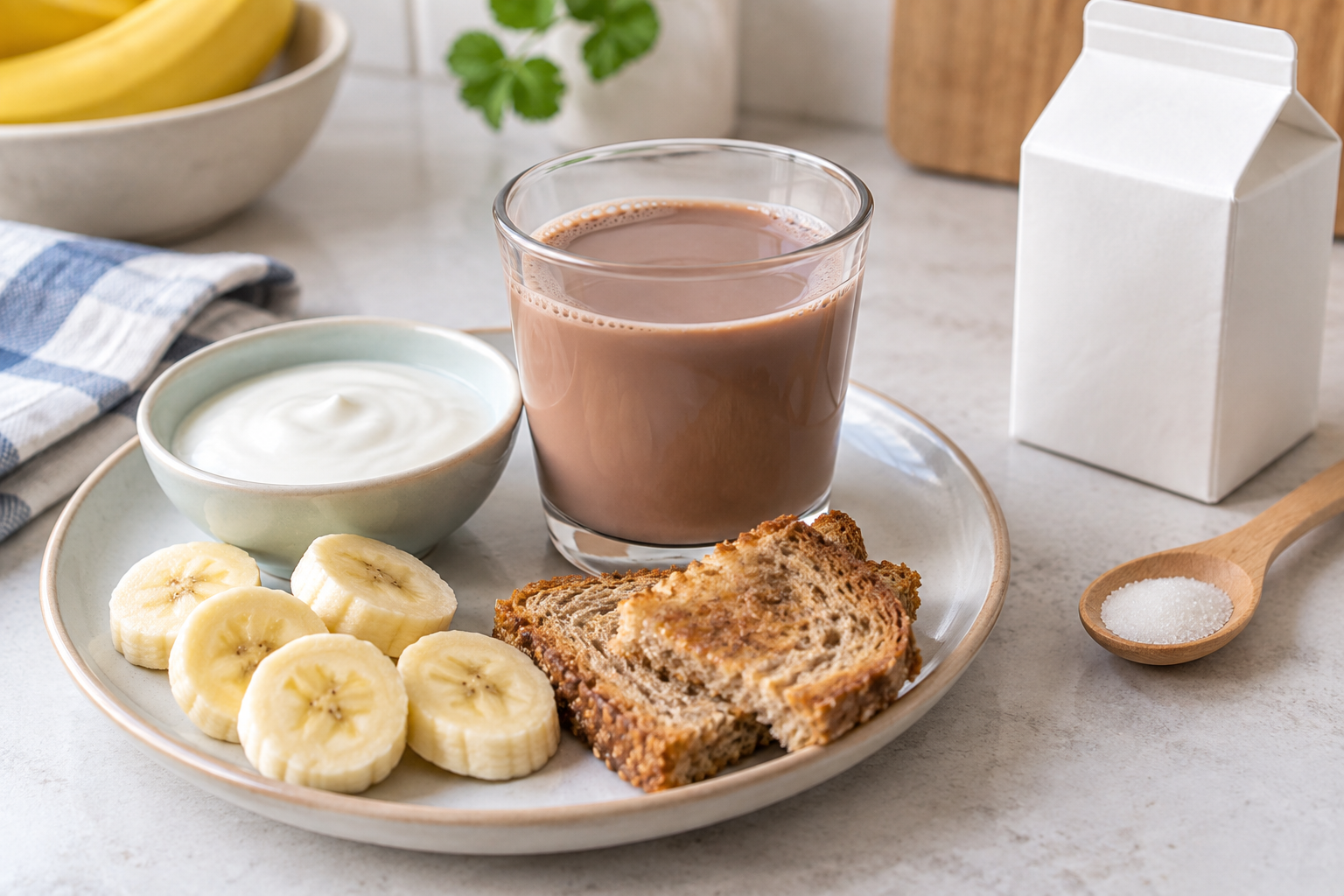 A child-sized cup of chocolate milk sits with banana, toast, yogurt, a plain milk carton, and a small spoonful of sugar.