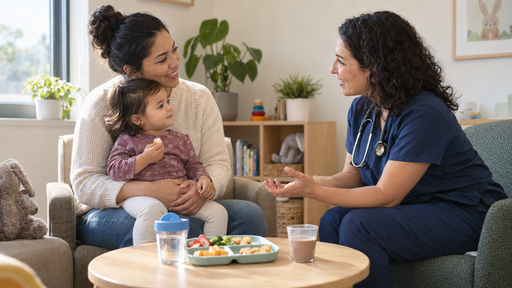 A parent and toddler meet with a pediatric clinician beside a tray of solid foods, water, and chocolate milk.