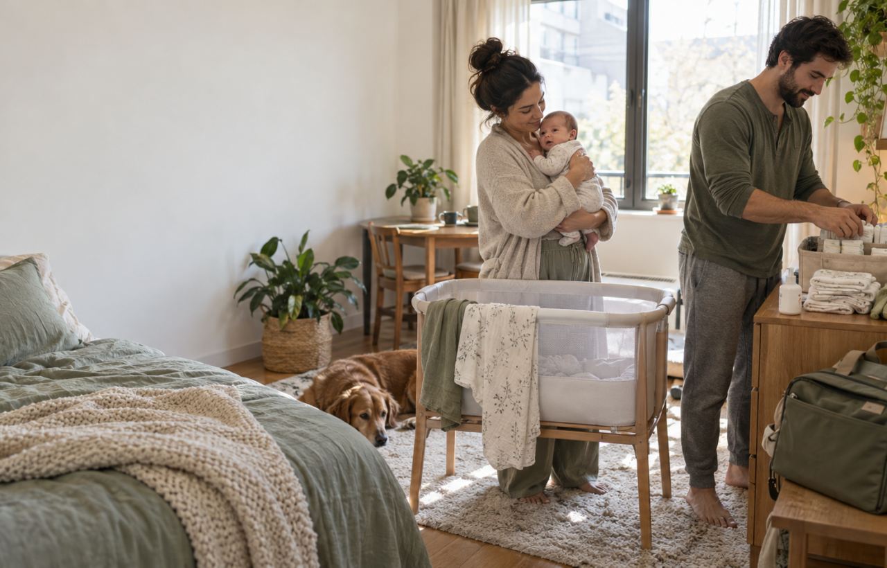 Two new parents organize a compact baby-care area beside a bassinet while one holds their awake newborn.
