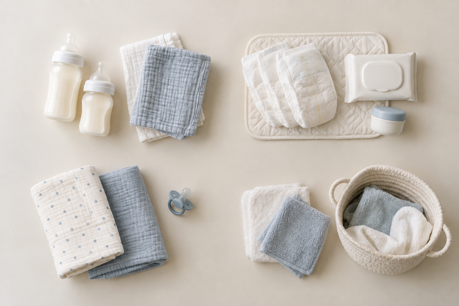 A minimal set of feeding, diapering, soothing, and cleanup supplies is arranged in small groups on a neutral surface.