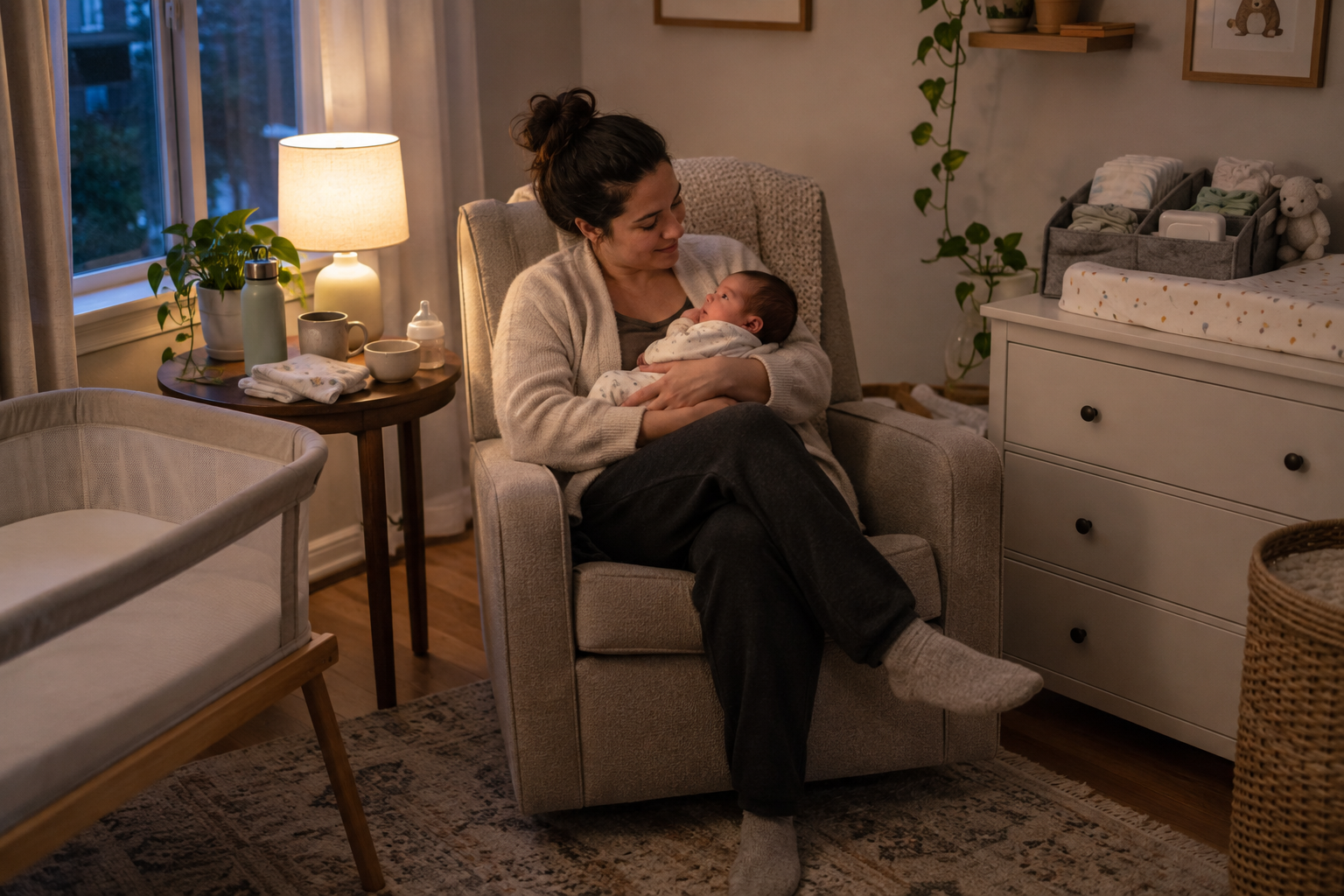 A parent holds an awake newborn in a chair with feeding supplies nearby and a stocked diaper caddy beside the changing area.