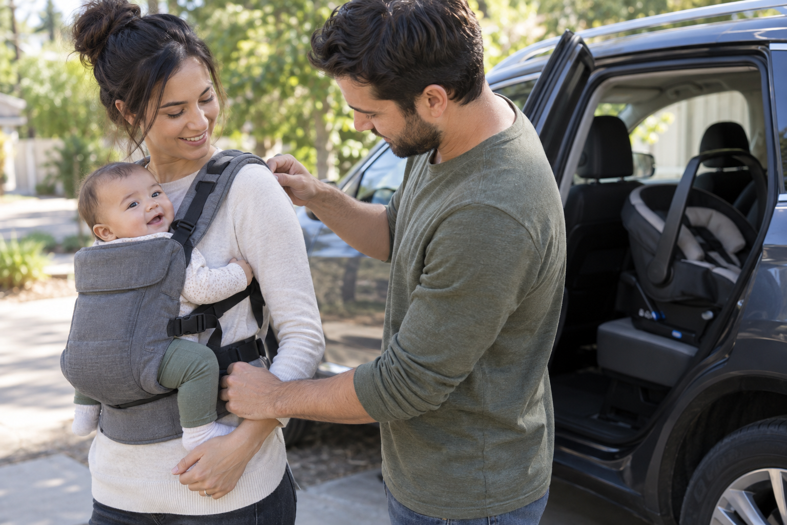 Two adults check the fit of an infant carrier beside a parked car with a rear-facing baby seat in the back.