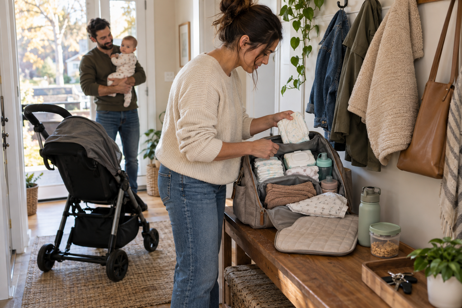 A caregiver restocks a diaper bag beside a parked stroller while another adult holds the baby in the entryway.