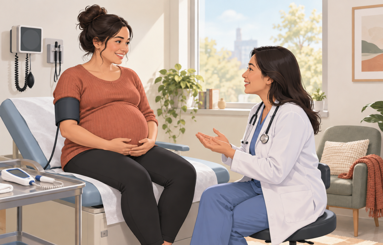 A pregnant patient in the third trimester talks with a clinician in a bright prenatal examination room.