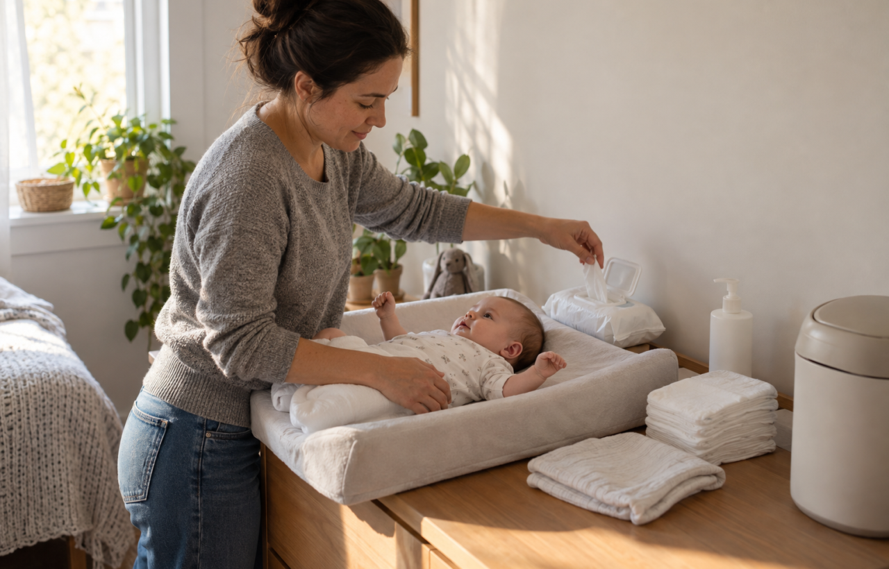 A caregiver keeps one hand on an infant during a diaper change, with diapers, wipes, a cloth, and a lidded bin arranged within reach.