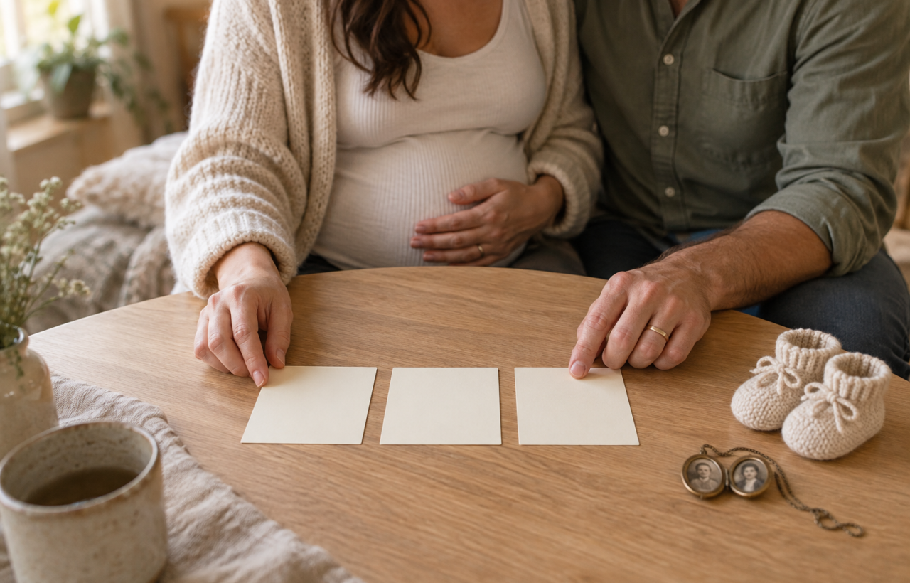 An expectant couple arranges three blank cards beside baby booties and an heirloom locket on a wooden table.