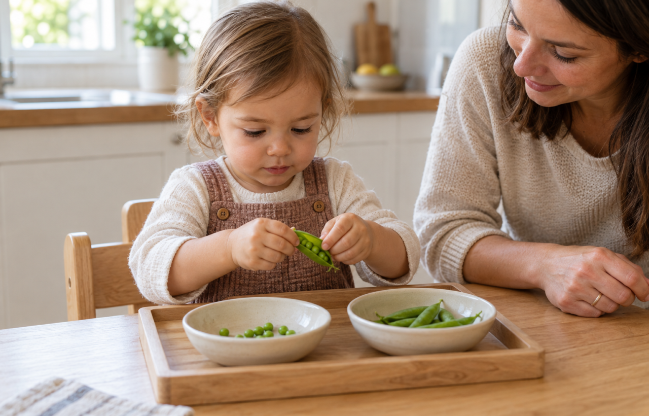 A supervised toddler opens a fresh pea pod at a small table with separate bowls for peas and empty pods.