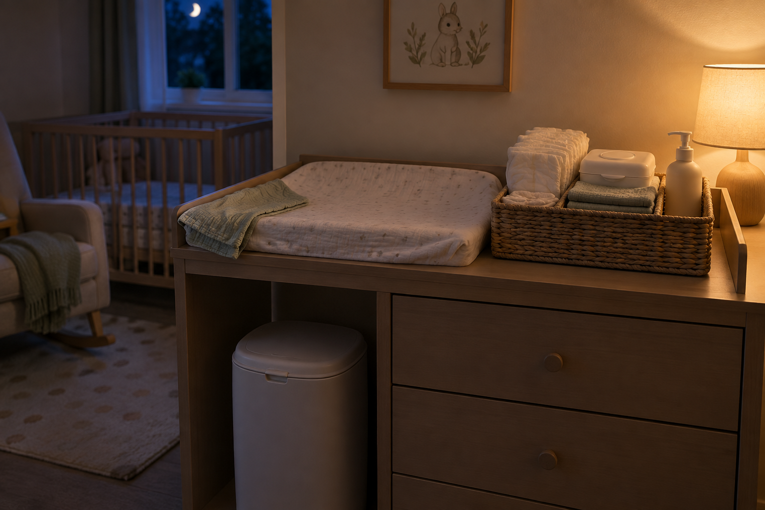A compact nighttime changing station has plain diapers, wipes, washcloths, a pump bottle, and a covered bin close at hand.