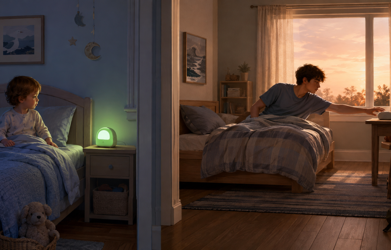 Split illustration of a toddler watching a green bedside wake cue and a teenager reaching for an alarm clock across the room at dawn.