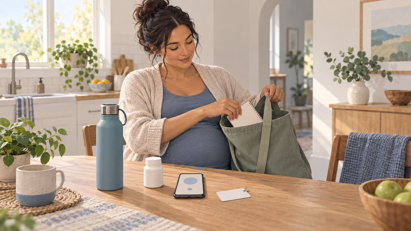 A pregnant person gathers a water bottle, phone, medication container, identification card, and notebook before a prenatal visit.