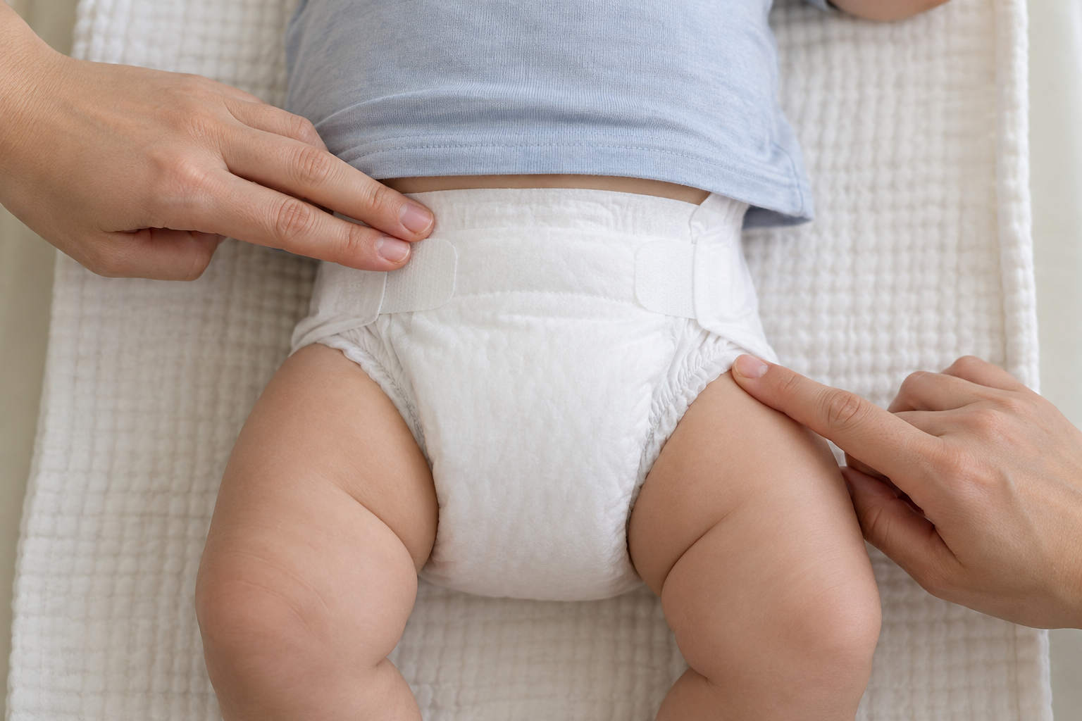 A caregiver checks the waistband and leg opening of a plain diaper on an infant lying on a changing mat.