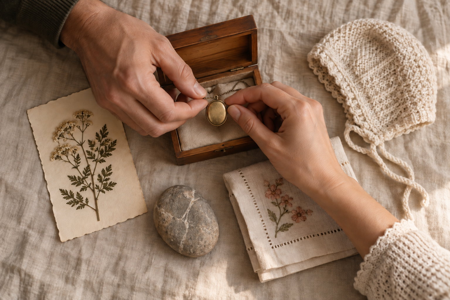 Two people select a vintage pendant from a group of keepsakes arranged beside a baby bonnet.