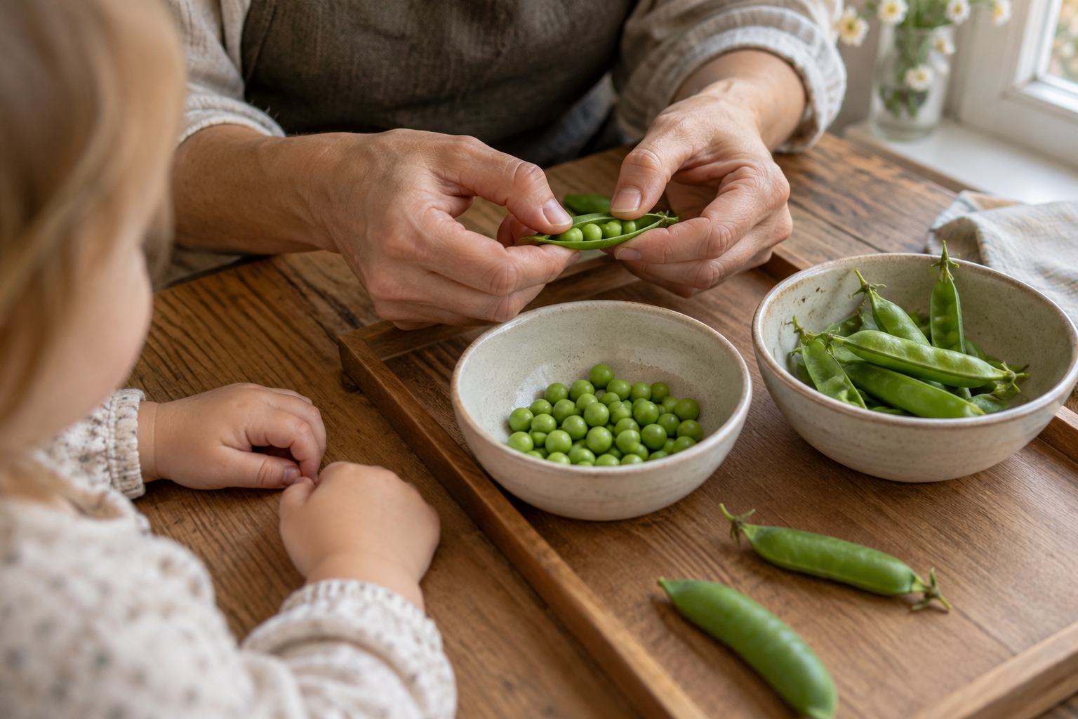 An adult demonstrates opening a pea pod by hand while a toddler watches beside two sorting bowls.