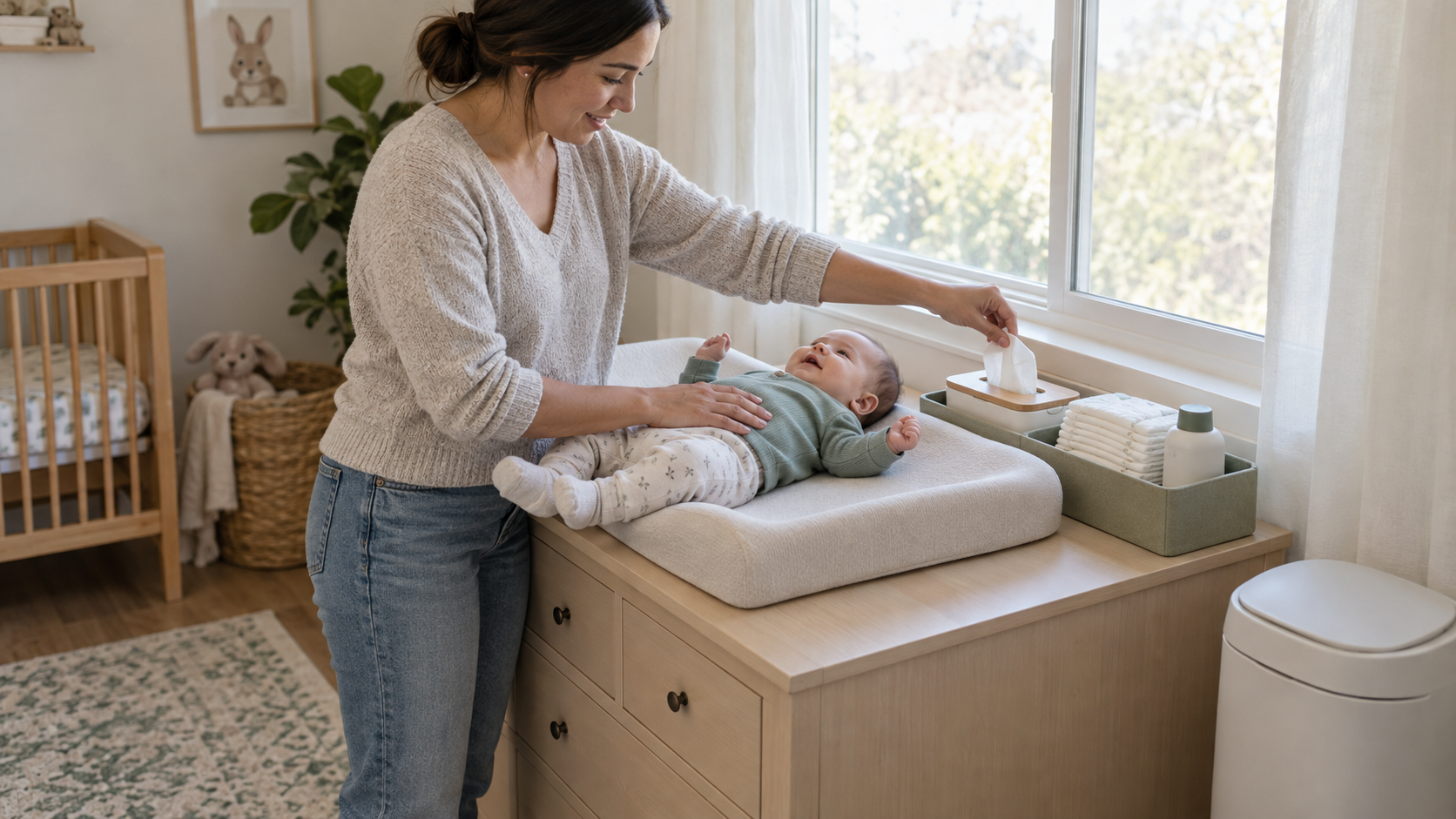 A caregiver keeps one hand on an infant while using a changing station with supplies organized nearby and hazards kept out of reach.
