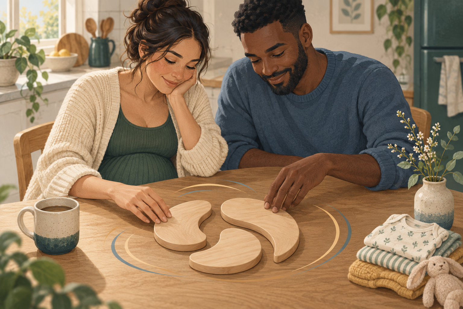 Two expectant parents arrange three unmarked wooden pieces into one continuous shape at a kitchen table.