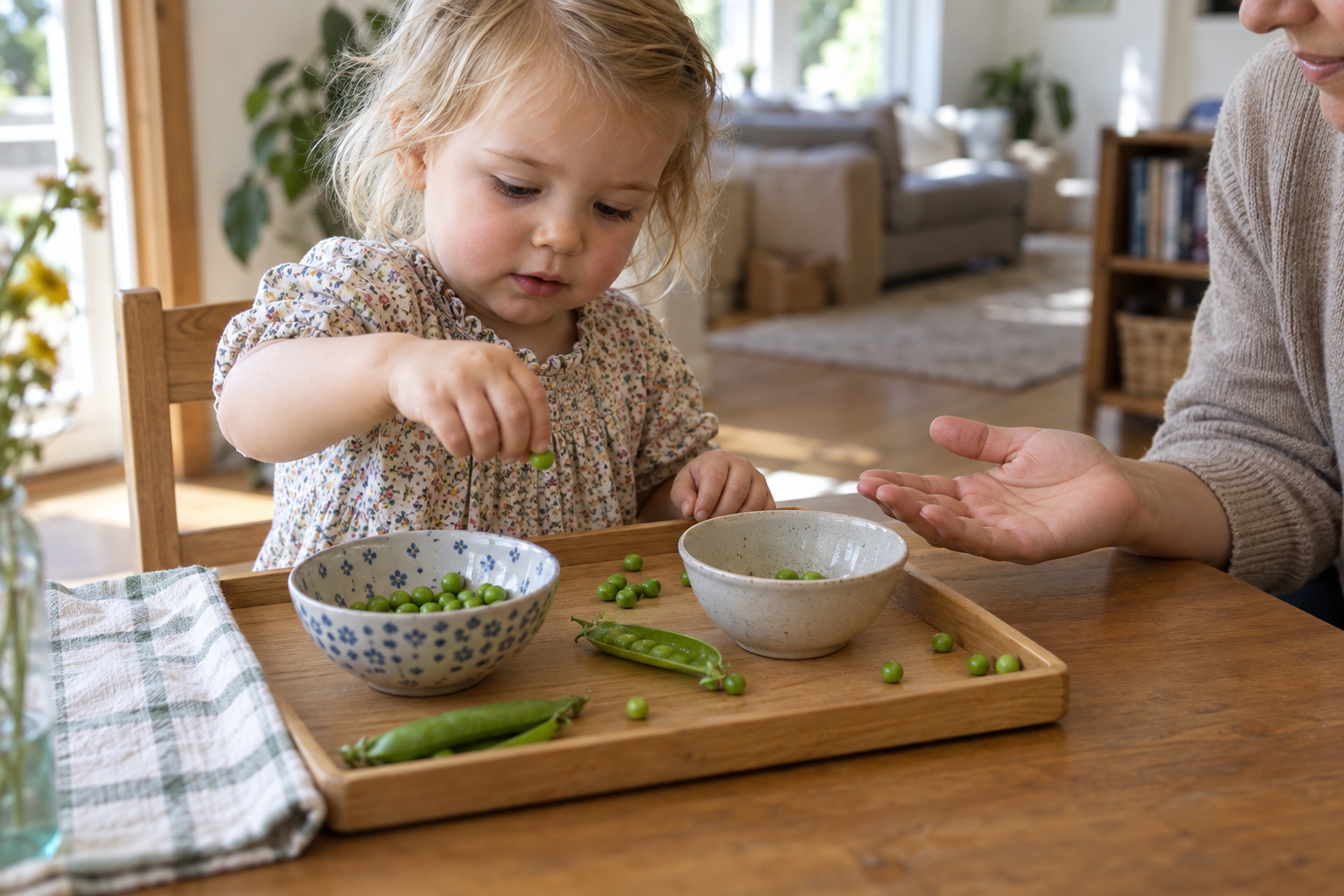 A toddler retrieves a spilled pea from the edge of a tray while an adult stays close and the sorting bowls remain within reach.