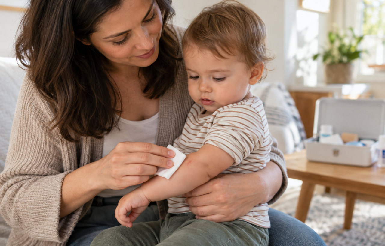 A caregiver gently presses clean gauze against a small scrape on a baby's forearm while holding the baby securely.