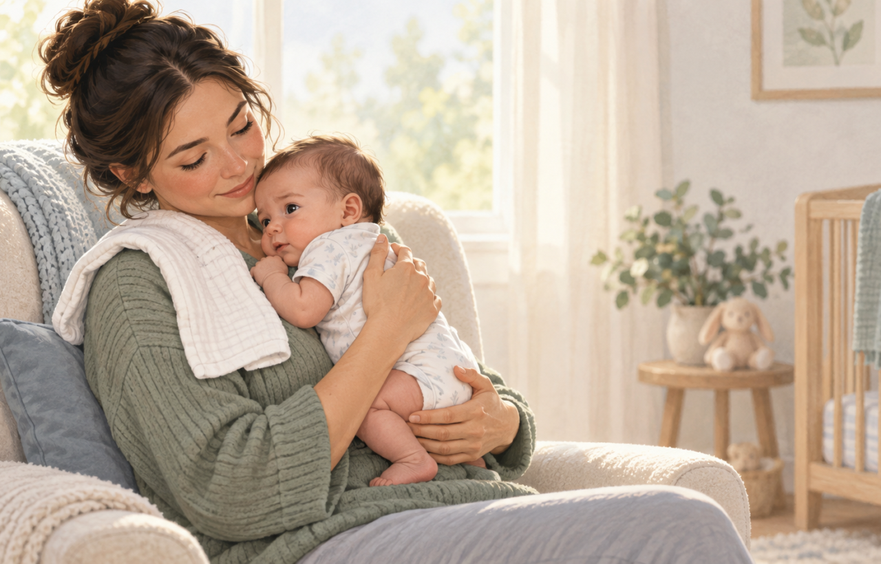 A caregiver holds an uncomfortable infant upright against their chest in a softly lit nursery.
