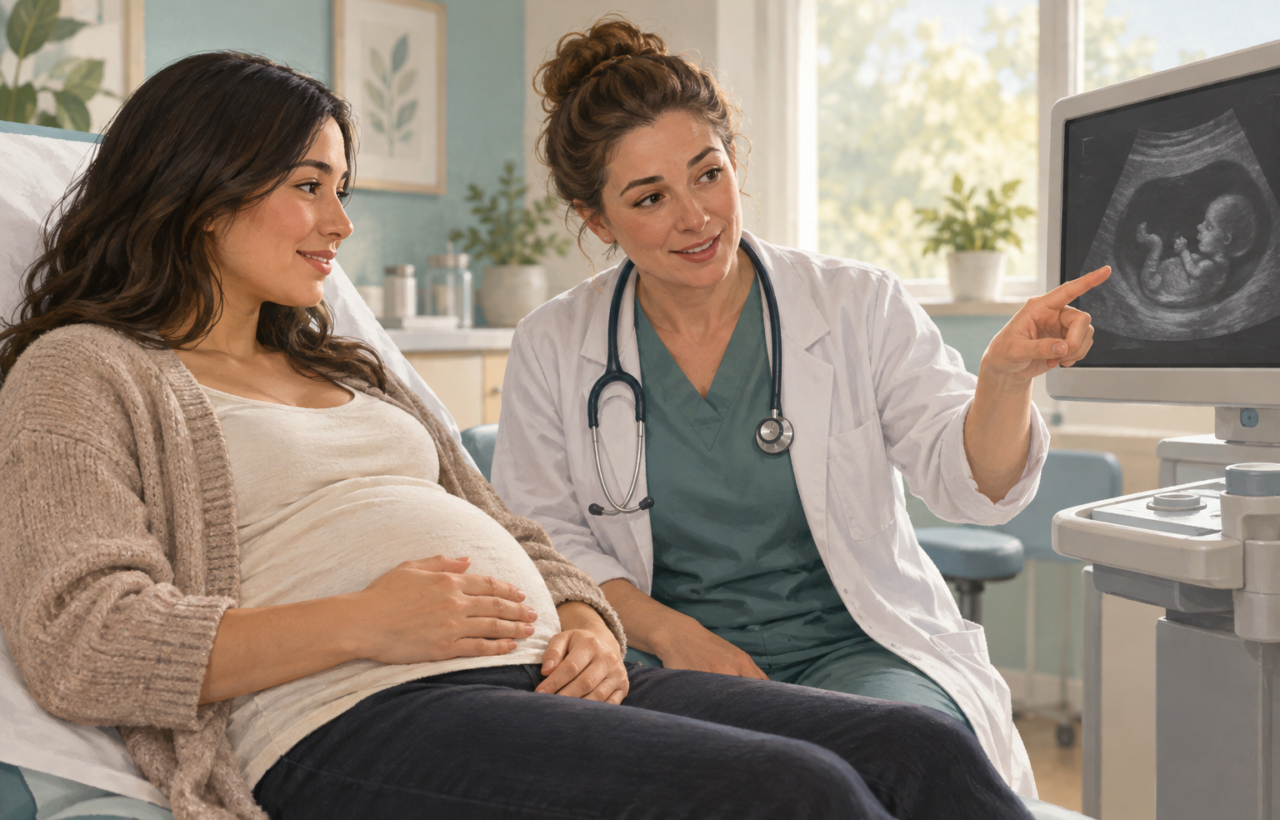 A pregnant patient and clinician calmly review a fetal ultrasound during a prenatal appointment.