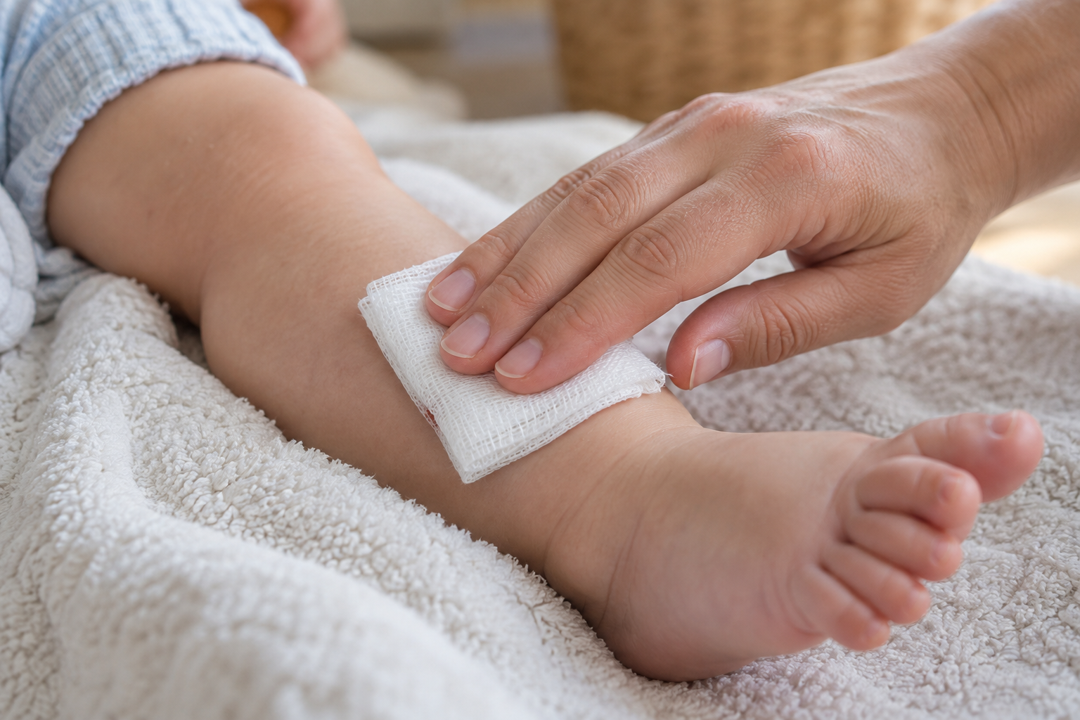 An adult applies steady pressure with folded gauze to a small cut on a baby's supported lower leg.