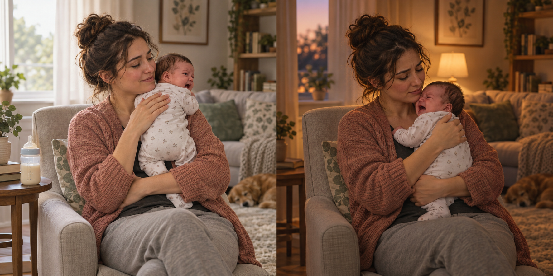 Two scenes show the same infant briefly fussing after a feed and crying during a longer evening soothing attempt.
