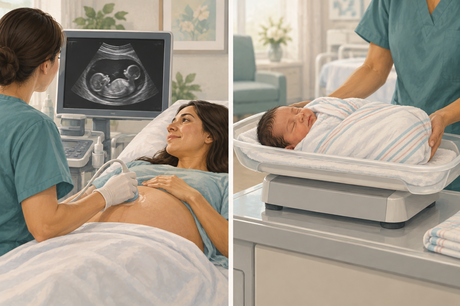 Two-panel illustration showing a prenatal ultrasound beside a newborn resting on an infant scale after birth.