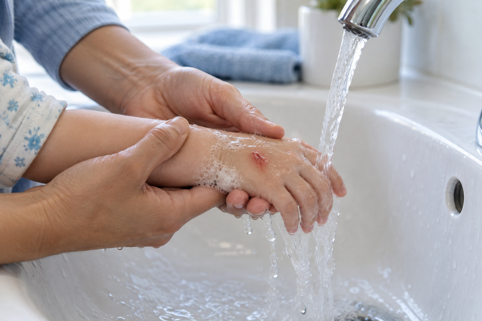 A caregiver supports a baby's wrist while gently rinsing a small hand scrape under running tap water.
