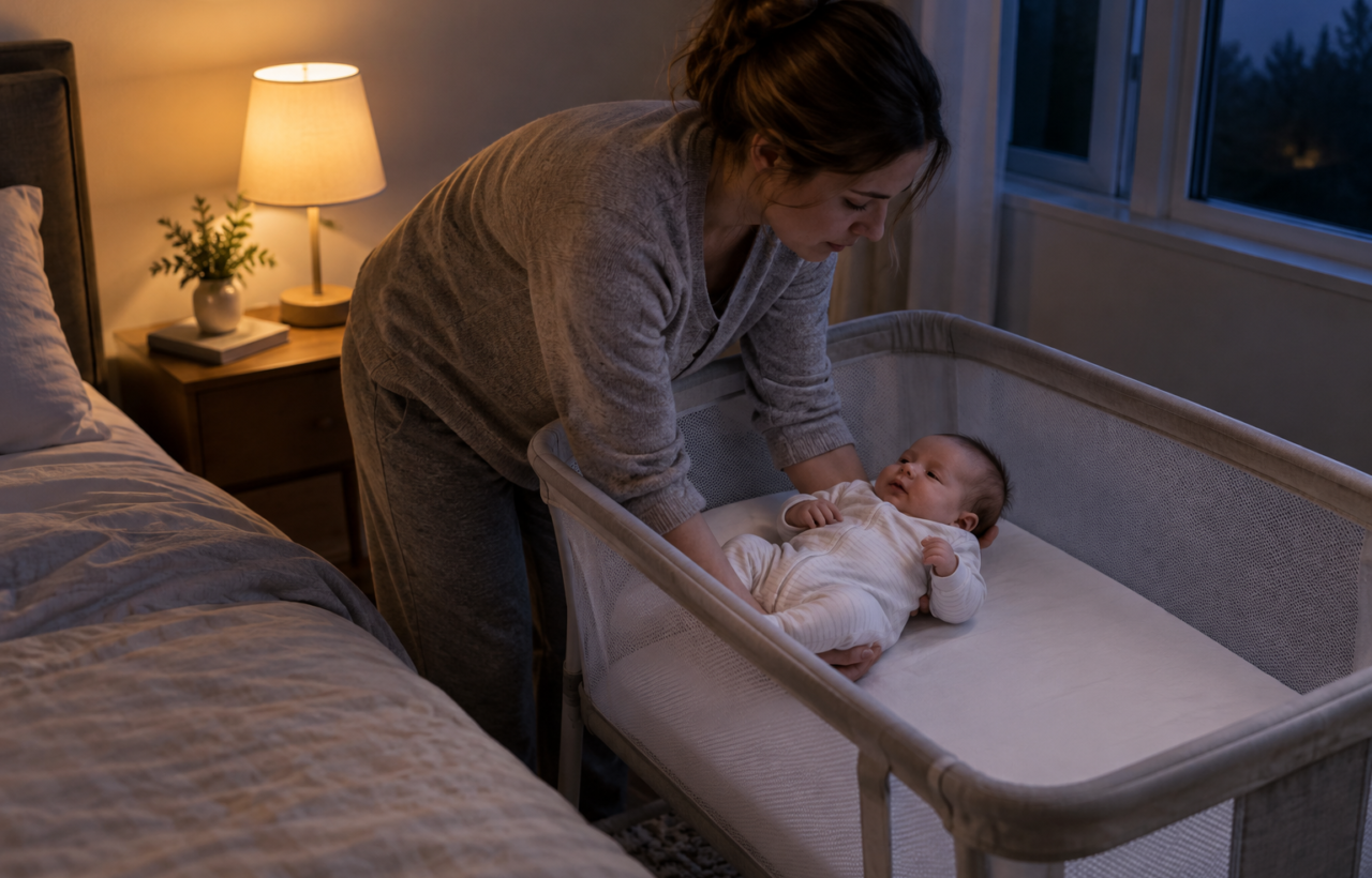 A parent gently lowers an alert infant onto their back in an empty bedside bassinet at night.