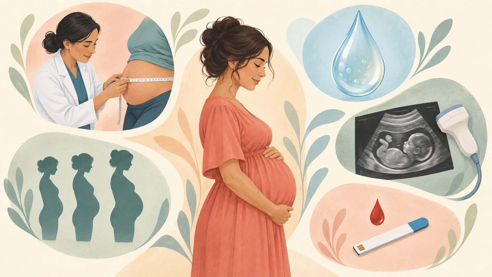 Illustration of five prenatal clues represented by fundal-height measurement, amniotic fluid, ultrasound, pregnancy history, and glucose testing.