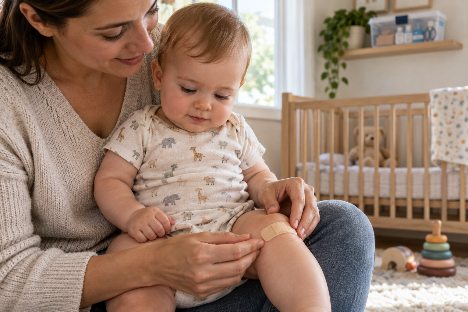 A caregiver covers a baby's small knee scrape with a secure bandage while first-aid supplies are stored out of reach.