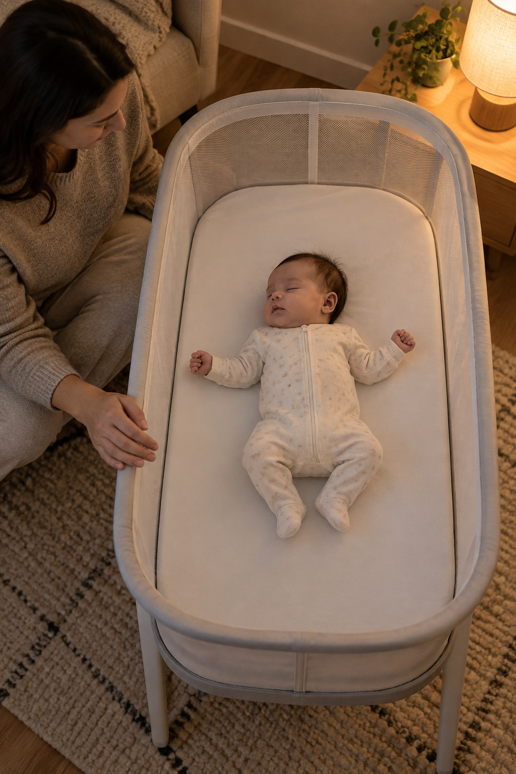 An infant lies on their back in an empty bassinet while a parent sits close by with a hand on the outside.