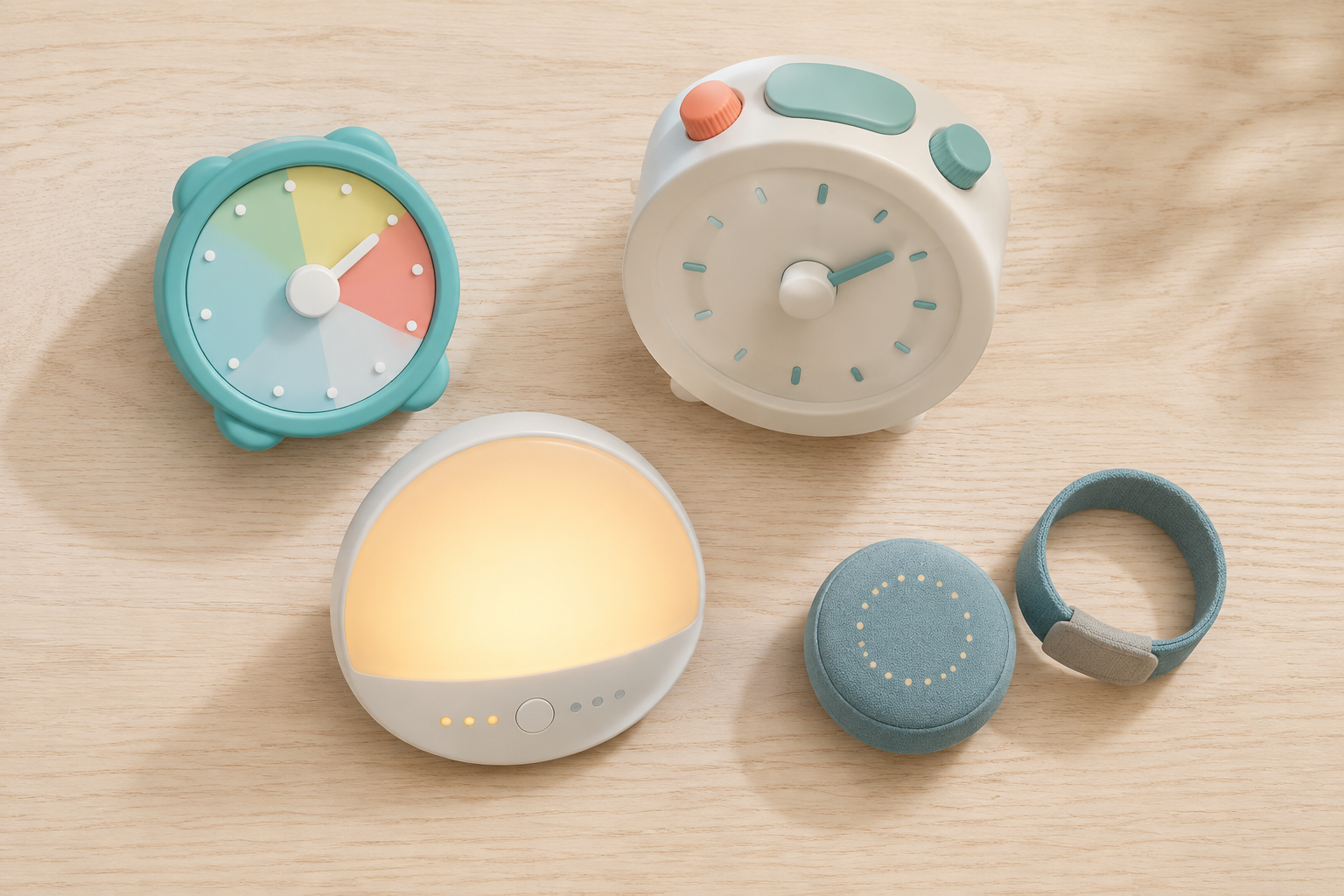 Assortment of unbranded child and teen alarm clocks with color, light, tactile, and vibration features arranged on a wooden surface.
